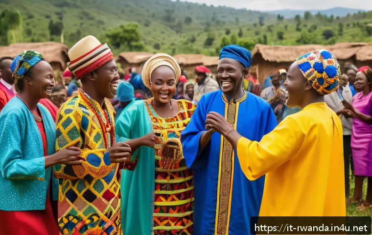 르완다에서의 문화교류 경험 - A vibrant traditional Rwandan wedding ceremony scene set outdoors during daytime, featuring men and ...