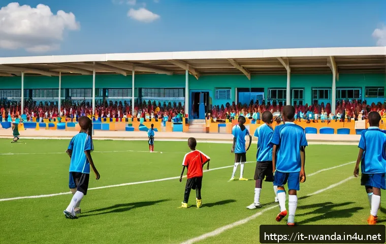르완다의 주요 축구팀 - A vibrant scene inside a modern Rwandan football academy training ground during daytime, showcasing ...