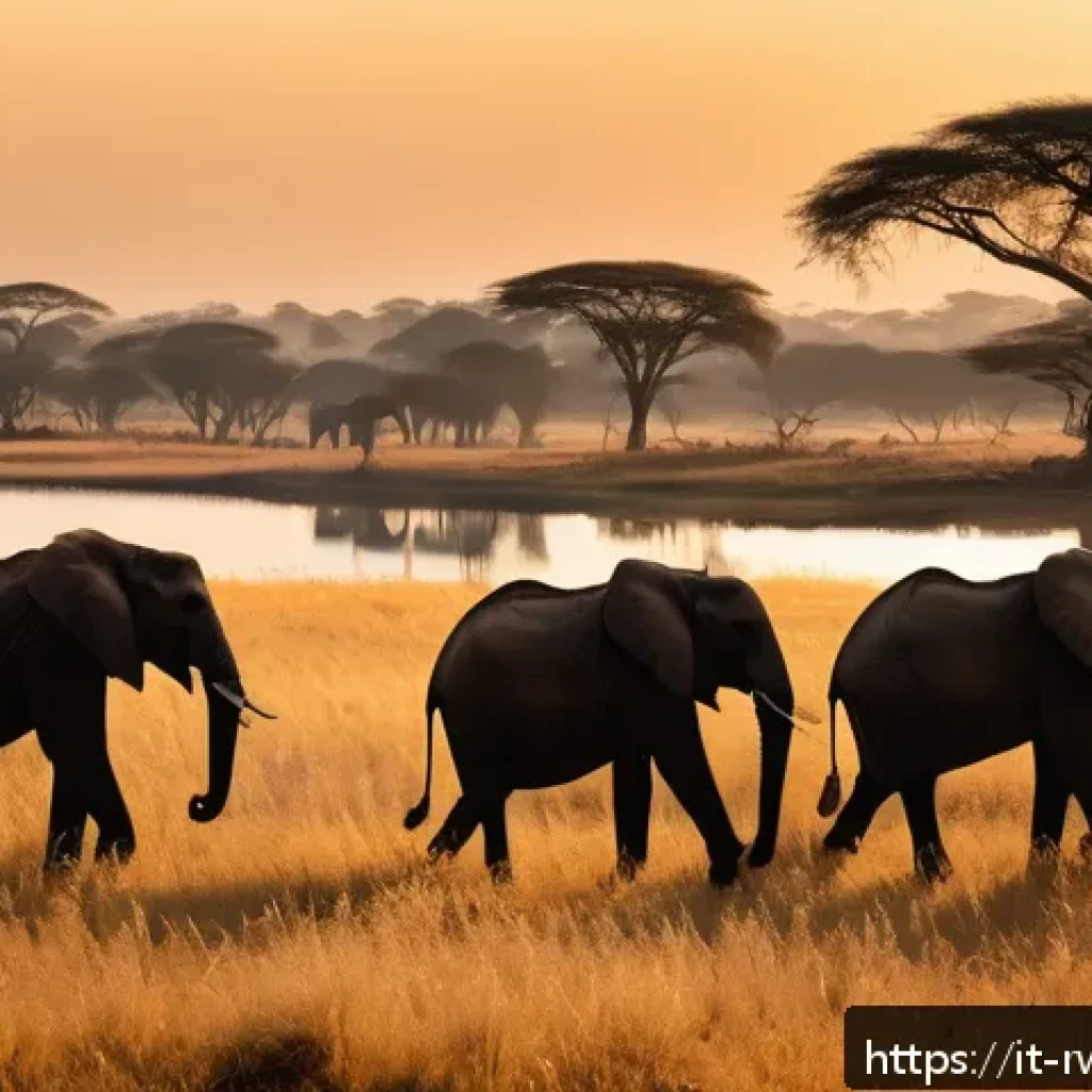 아카게라 국립공원 - A majestic African savanna landscape at sunrise, featuring a herd of elephants gently walking near a...