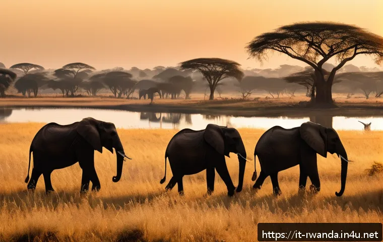 아카게라 국립공원 - A majestic African savanna landscape at sunrise, featuring a herd of elephants gently walking near a...