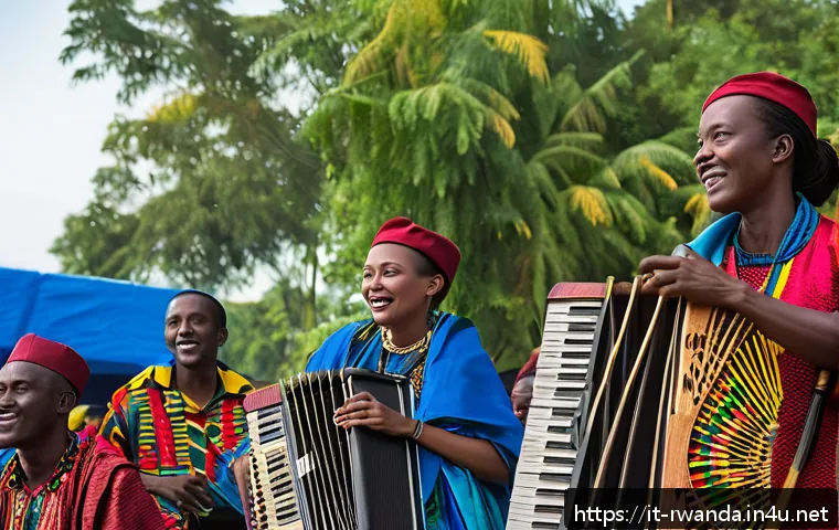르완다 민속 음악의 글로벌 협력 사례 - A vibrant scene at an international music festival showcasing Rwandan traditional musicians performi...