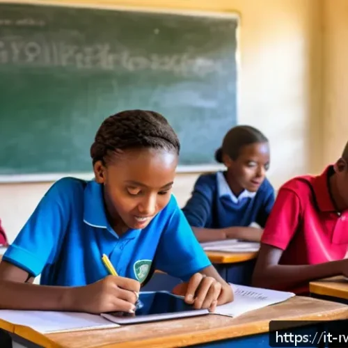 Home 33 르완다의 고등학교 시스템 - A vibrant classroom scene in a Rwandan high school featuring students actively engaged with digital ...