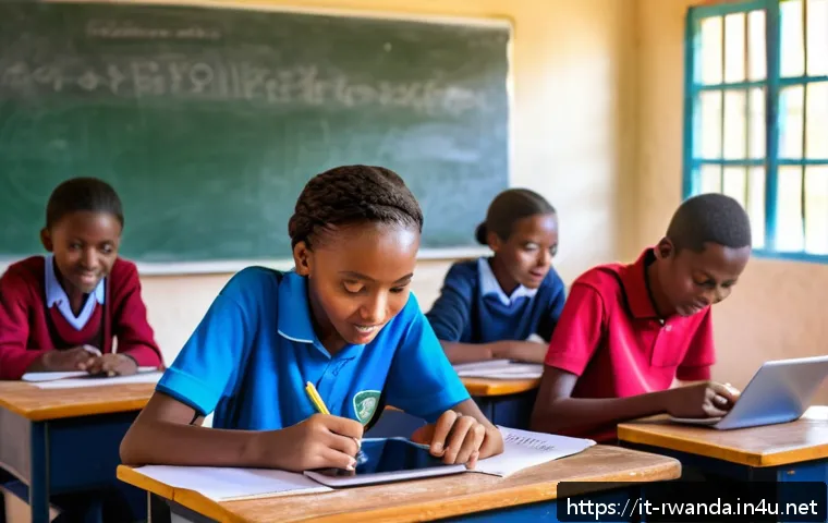 르완다의 고등학교 시스템 - A vibrant classroom scene in a Rwandan high school featuring students actively engaged with digital ...