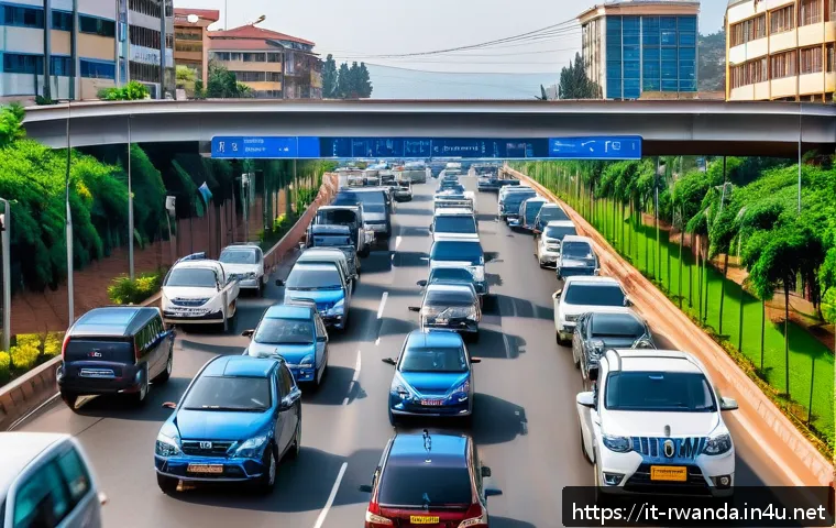 르완다의 도로 교통 - A bustling urban street scene in Kigali, Rwanda, featuring advanced traffic monitoring technology: m...