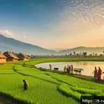 Home 19 르완다의 주요 강 - A vibrant rural Rwandan riverside village scene at sunrise, featuring local farmers irrigating their...