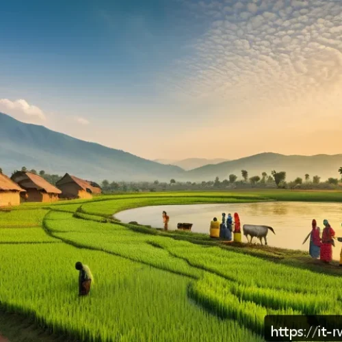 Home 31 르완다의 주요 강 - A vibrant rural Rwandan riverside village scene at sunrise, featuring local farmers irrigating their...