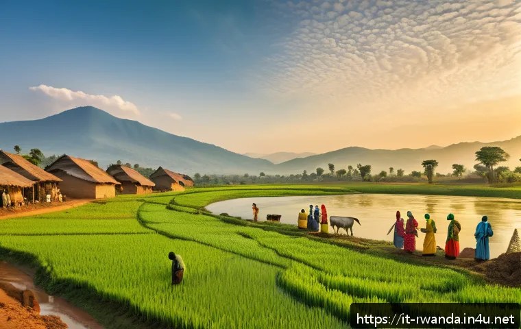 르완다의 주요 강 - A vibrant rural Rwandan riverside village scene at sunrise, featuring local farmers irrigating their...