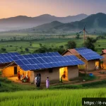 Home 18 르완다의 주요 국제 협정 - A vibrant rural East African village scene at dusk showcasing solar panels and small wind turbines i...