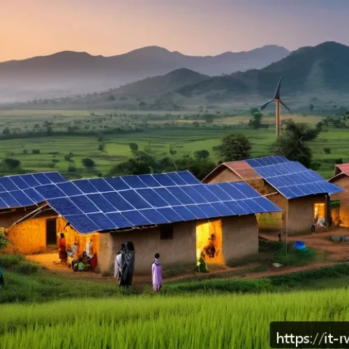 Home 30 르완다의 주요 국제 협정 - A vibrant rural East African village scene at dusk showcasing solar panels and small wind turbines i...