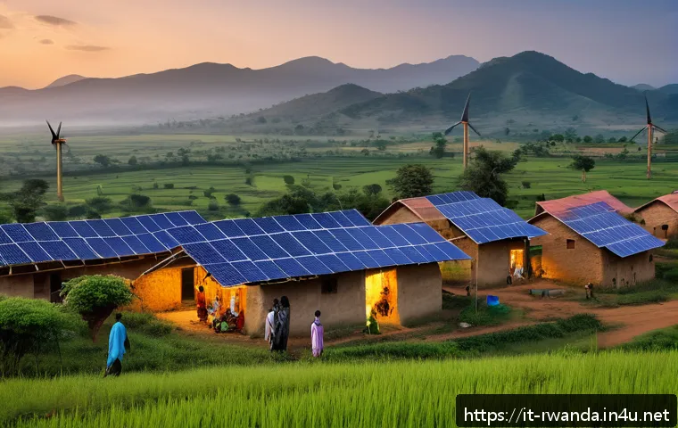 르완다의 주요 국제 협정 - A vibrant rural East African village scene at dusk showcasing solar panels and small wind turbines i...