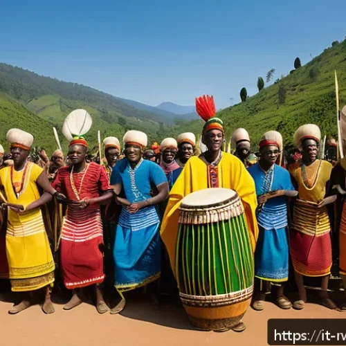 Home 17 르완다의 주요 문화 행사 - A vibrant Rwandan traditional celebration scene featuring a group of men performing the Intore dance...