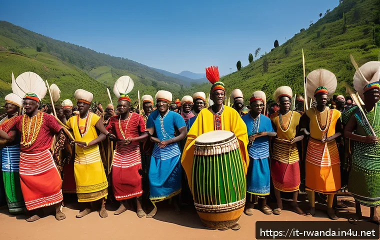 르완다의 주요 문화 행사 - A vibrant Rwandan traditional celebration scene featuring a group of men performing the Intore dance...