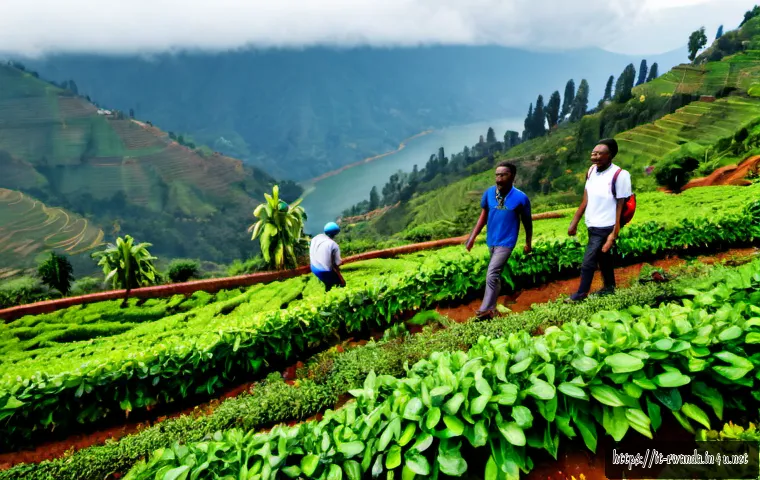Home 17 르완다 커피 생산지 투어 - Photorealistic Rwanda coffee production tour, Italian travelers in practical casual clothing walking...