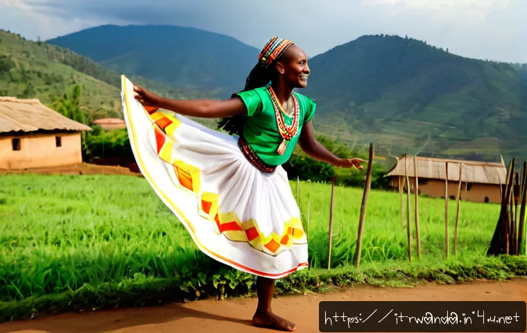 르완다 민속 춤의 주요 춤 동작 분석 - Photorealistic cultural performance in Rwanda, a skilled traditional dancer captured mid-step with l...
