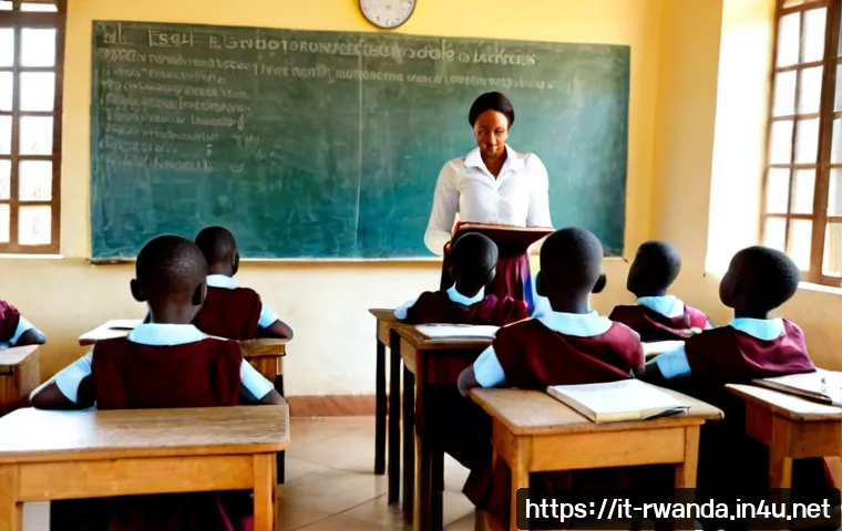 르완다의 사립 학교 - Photorealistic wide interior of a well-organized private primary school classroom in Kigali, Rwanda,...