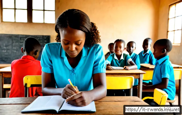 르완다의 교육 혁신 프로그램 - Photorealistic rural Rwanda primary school classroom, a confident female teacher guiding diverse att...
