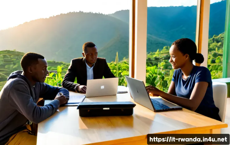 Home 17 르완다에서의 고용 현황 - Photorealistic documentary-style scene of young Rwandan professionals working in a bright Kigali co-...